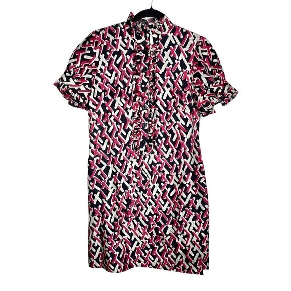 Maggy London Dress Size 12 Geometric Pattern Silk Short Sleeve Ruffle Button - Picture 1 of 3
